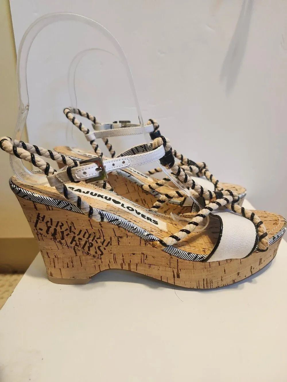 NEW Rare Y2K Harajuku Lovers Rope Strap Cork Platform Sandals Heels Sz. 7.5